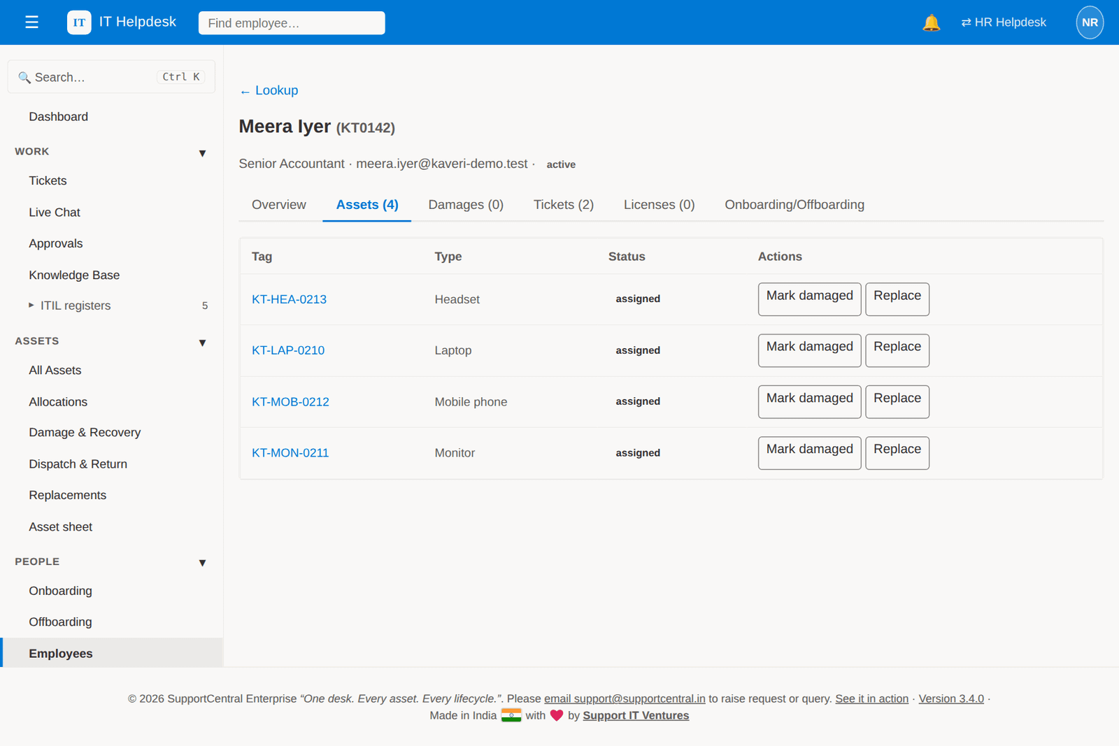 Employee 360: one person's assets, with tabs for their damages, tickets, licences and onboarding